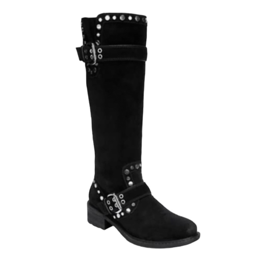 New Sam Edelman Deryn Black Suede Knee High Studded Biker Moto Boot